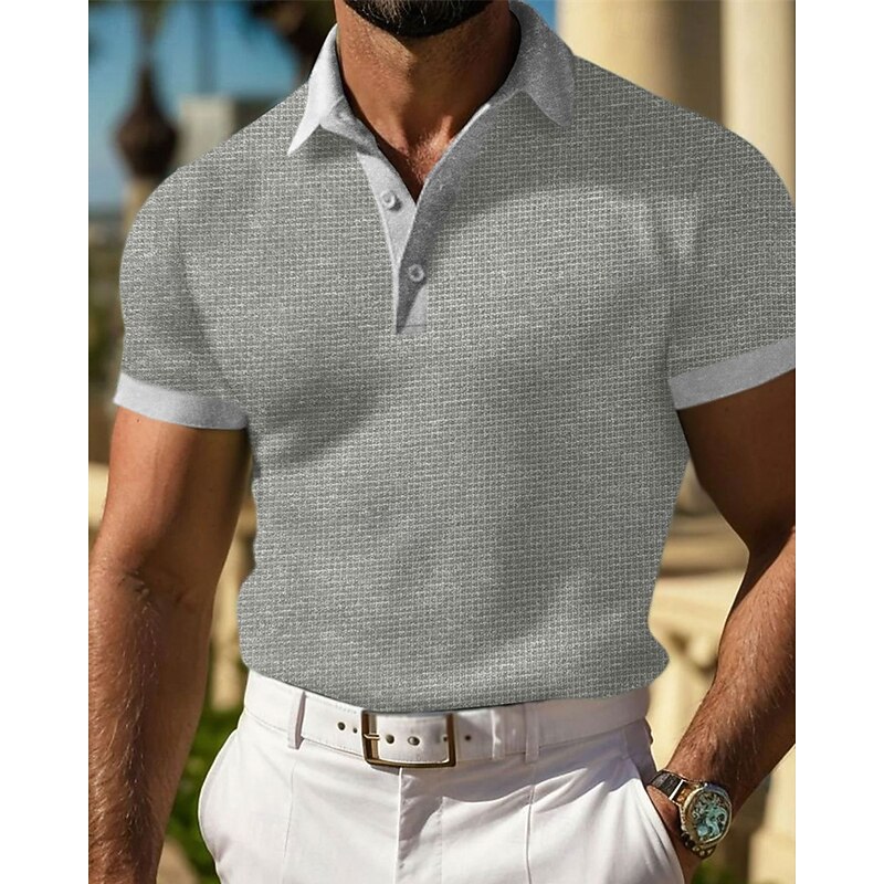 Men's Waffle Polo Shirts Golf Shirt Work Casual Lapel Short Sleeve Basic Modern Plain Buttons Summer Spring Regular Fit Black White Yellow Red Light Grey Light Blue Waffle Polo Shirts2