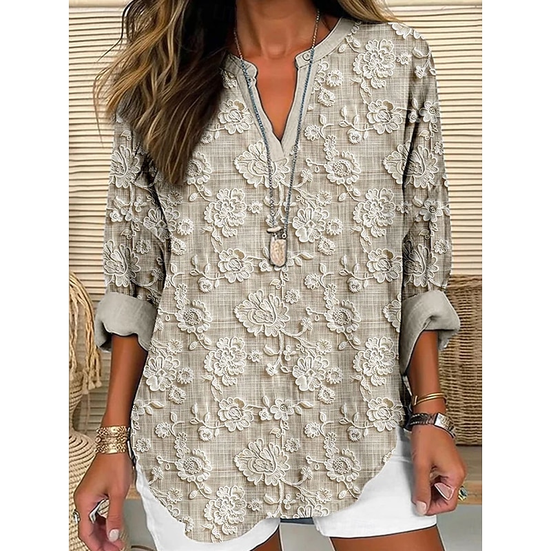 Women's Blouse Tunic V Neck Long Sleeve Boho Casual Tops 3D Print Floral Graphic Vintage Tropical Regular Tops Daily Wear Print White Yellow Pink Blue Khaki