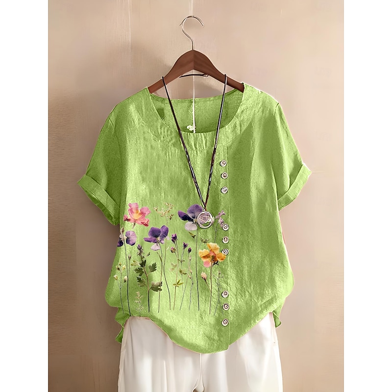 Women's 100% Cotton Blouse Floral Graphic Stylish Cotton Linen Casual Short Sleeve Crew Neck Regular Tops Daily Going out Buttons Print Green Summer Spring