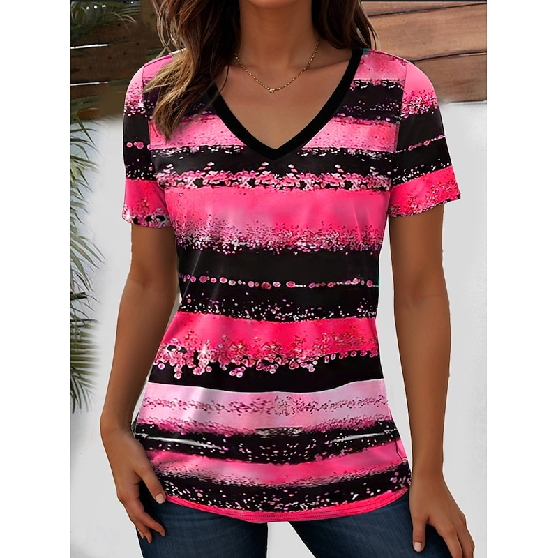 Women's T Shirt Ocean Striped Casual Short Sleeve V Neck Regular Tops Daily Going out Weekend Print Yellow Pink Blue Purple Orange Summer3
