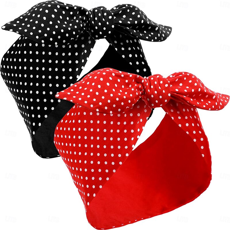 2 Pieces Polka Dot Headband Bandana Headband 50s Grease Outfits Costume Hair Accessories Bows Wide Headwrap for Women and Girls (Red Black)