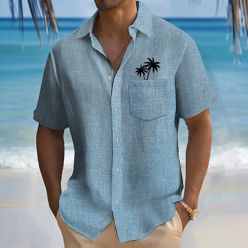Men's Coconut Tree Linen Shirt Summer Shirt Button Up Shirt Short Sleeve Fashion Casual Vacation Holiday Beach Wear Summer Spring Turndown Collared Shirts Front One Pocket Blue Green