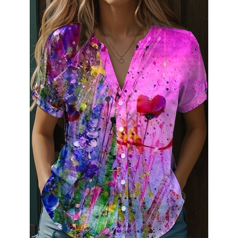 Women's  Blouse Floral Shirt Graphic Stylish Beach Short Sleeve Shirt Collar Regular Tops Daily Buttons Print Purple Spring Fall
