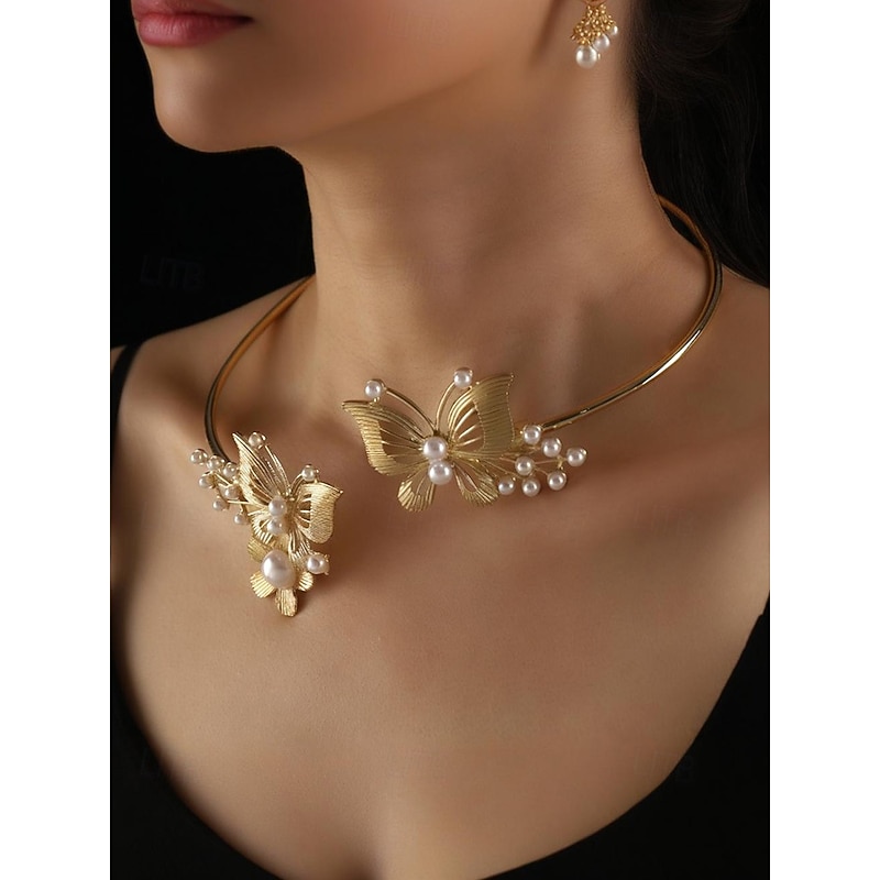 Women's Gold Butterfly Pearl Choker Necklace – Elegant Statement Jewelry for Weddings, Parties and Special Occasions2
