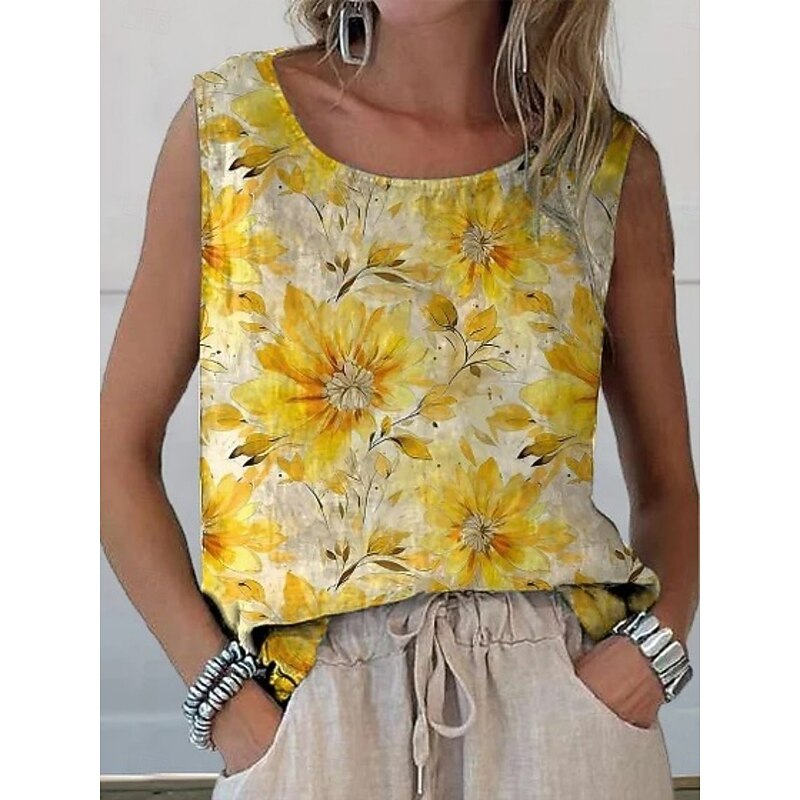 Women's Tank Top Floral Stylish Modern Sleeveless Crew Neck Regular Tops Daily Holiday Print White Yellow Purple Summer2