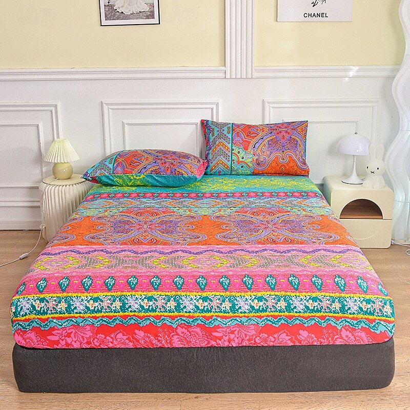 Microfibre Fitted Sheet with Colourful Exotic Pattern Soft Comfortable Fitted Sheet for Single Bed, Double Bed, Box Spring Bed, Deep Pocket