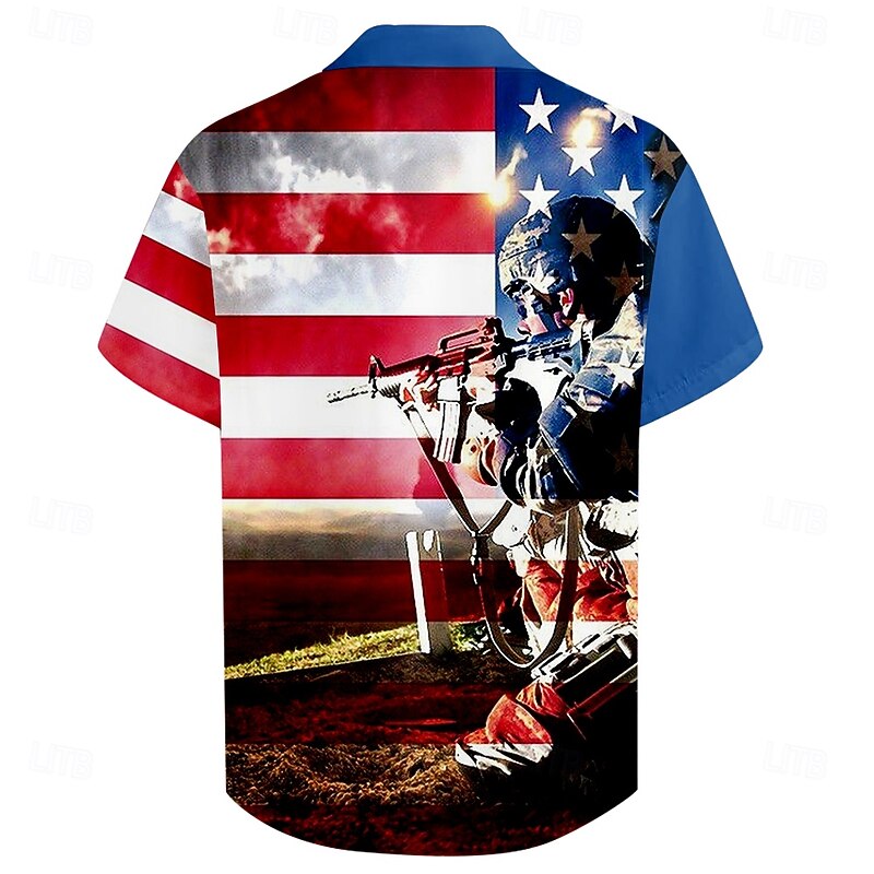 Men's American US Flag Soldier Patriotic Shirt Casual Shirt Cuban Collar Shirt Short Sleeve Army Militray Holiday Streetwear Summer Spring Camp Collar Shirt 3D Print Blue2