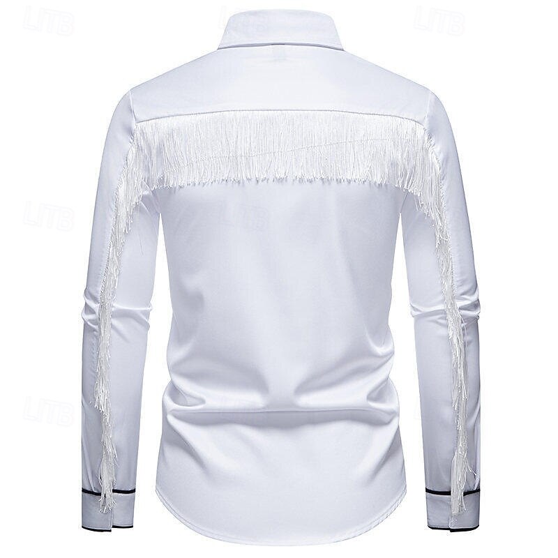 Men's Shirt Summer Shirt Casual Shirt Beach Shirt Button Up Shirt Black White Long Sleeve Floral Lapel Vacation Hawaiian Tassel Fringe Clothing Apparel Polyester Fashion Casual Comfortable3