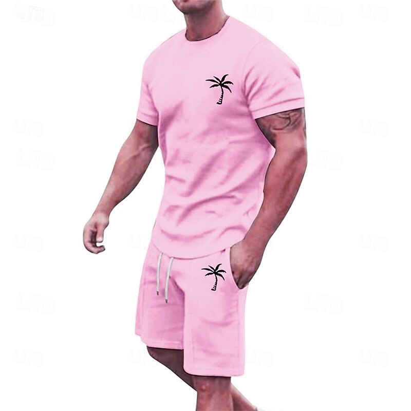 Men's T-shirt Suits 2 Pieces Outfits Tee & Shorts Short Sleeve Crew Neck Summer Coconut Tree Fashion Casual 2 Piece Vacation Daily Wear Going out Black White Yellow Top Tee for Men4