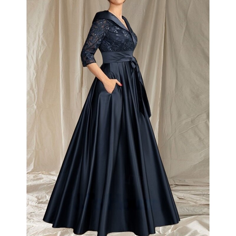 A-Line Mother of the Bride Dress Wedding Guest Elegant V Neck Floor Length Satin Lace 3/4 Length Sleeve with Lace Bow(s) Pleats3