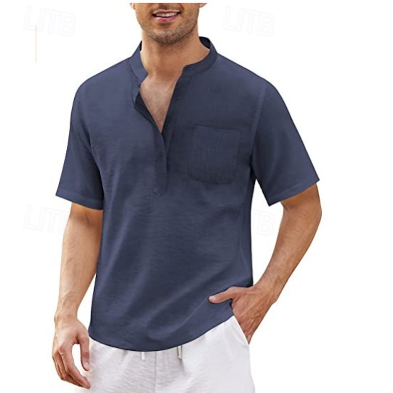 Men's Shirt Summer Shirt Casual Shirt Beach Shirt Button Up Shirt Black White Blue Deep Blue Army Green Short Sleeve Plain Standing Collar Vacation Hawaiian Pocket Clothing Apparel Polyester Fashion3