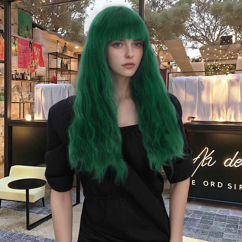 Synthetic Wig Wavy Curly Weave Layered Haircut With Bangs Machine Made Wig 16 inch A1 Synthetic Hair Women's Classic Comfortable Color Gradient Green3