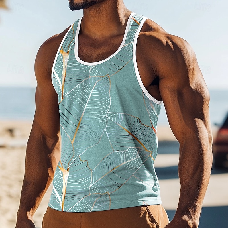 Men's Tank Top Vest Sleeveless Shirt Sleeveless Crew Neck Summer Plants Tropical Palm Leaf Fashion Classic Comfortable Print Casual Holiday Beach Light Green Pink Blue Top Tee for Men