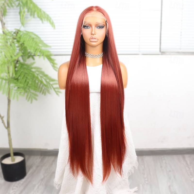 Synthetic Lace Wig Straight Style 38 inch Orange Middle Part 13x4x1 T Part Lace Front Wig Women's Wig Orange / White / Blue3