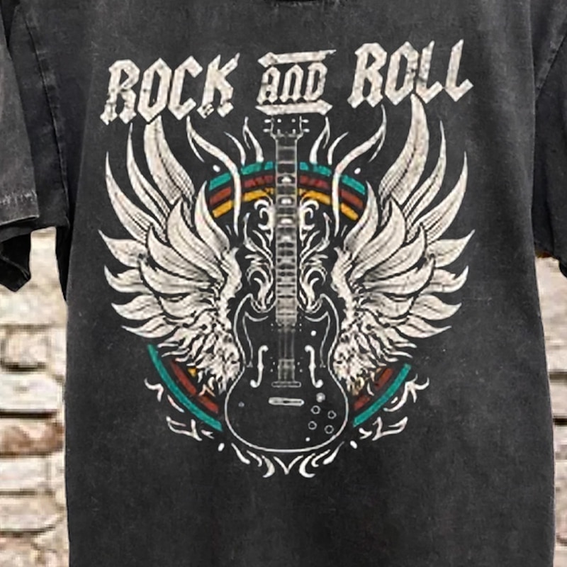 Men's Vintage Washed Rock and Roll Graphic T-Shirt, Short Sleeve Guitar Design Tee2