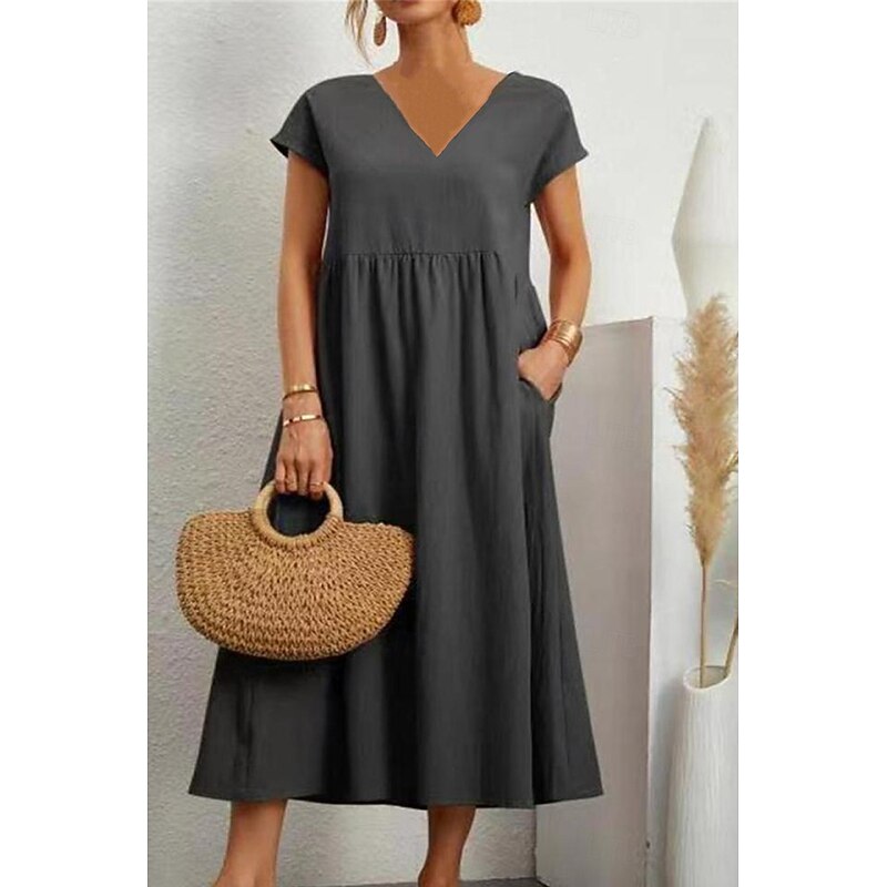 Women's Midi Dress Linen-Inspired Dresses Cotton Linen Dress Basic Classic Modern Vacation Daily Holiday Regular Fit Plain Short Sleeve V Neck Black Light Green Pink Army Green Summer4