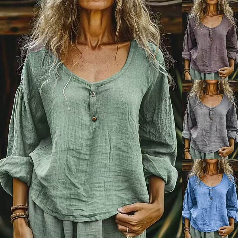 Women's Shirt Blouse Cotton Linen Shirts Plain Basic Modern Casual Long Sleeve Crew Neck Regular Tops Daily Holiday Going out Buttons Light Green Purple Gray Light Blue Summer