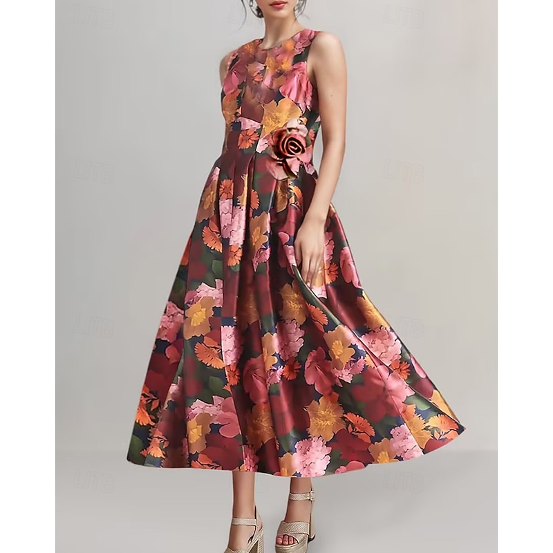 A-Line Cocktail Dresses Elegant Dress Formal Wedding Tea Length Sleeveless Jewel NeckDress Satin with Print Derby Dresses Wedding Guest Dress