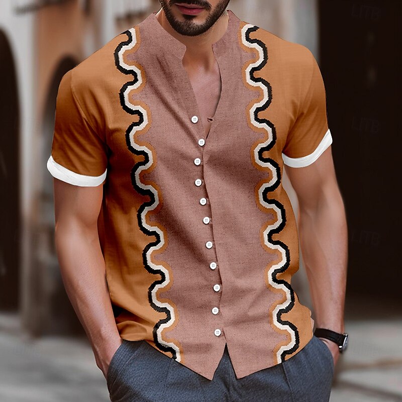 Men's Geometric Shirt Button Up Shirt Stand Collar Shirt Short Sleeve Fashion Casual Vacation Daily Summer Spring Grandad Collar Mandarin Collar Band Collar 3D Print Linen Like Shirt Yellow Blue3