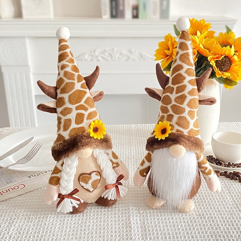 Bee Day Gnome Gift Decoration Adorable Sunflower Giraffe Hat Themed Plush Doll Figurine with Rudolph and Faceless Doll Design, Perfect for Couple's Home Decor
