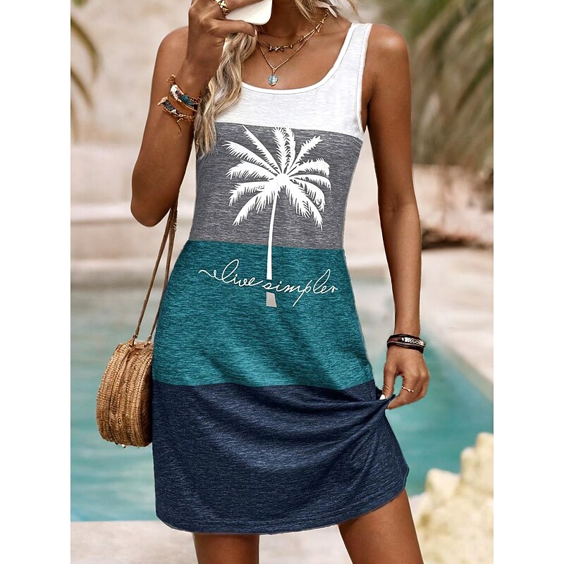 Women's Mini Dress A Line Dress Summer Dress Off The Shoulder Dress Vacation Daily Loose Fit Graphic Letter Tropical Sleeveless U Neck Dark Blue Summer Spring