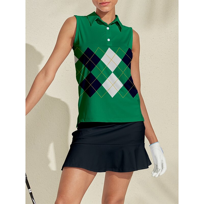 Women's Golf Polo Shirt Green Sleeveless Top Plaid Ladies Golf Attire Clothes Outfits Wear Apparel3