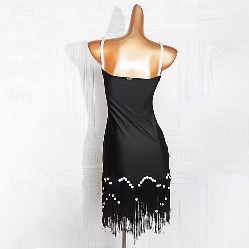 Latin Dance Dress Beading Tassel Pure Color Women's Performance Training Sleeveless Spandex2