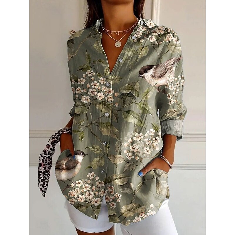 Women's Shirt Button Down Tunic Shirt Collar Long Sleeve Floral Graphic Casual Regular Tops Work Daily s Print Yellow Blue Green Spring Fall Winter
