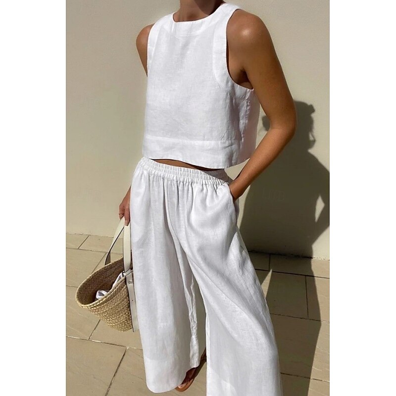 Women's Daily Shirt Linen-Inspired Sets Two Piece Sets Sleeveless Crew Neck Solid Color Ruched Daily Holiday White Yellow Dark Navy Summer Regular Fit