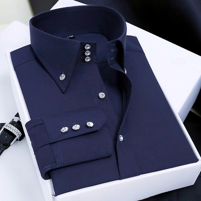 Men's Dress Shirt Non Iron Shirt Wrinkle Resistant Plain Wedding Outdoor Navy Blue Long Sleeve Point Summer Spring Clothing Apparel