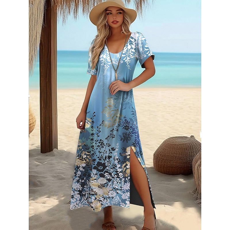 Women's Maxi Dress A Line Dress T Shirt Dress Tee Dress Sundress Summer Dress Elegant Vacation Tropical Vacation Beach Regular Fit Floral Graphic Short Sleeve Crew Neck Blue Summer