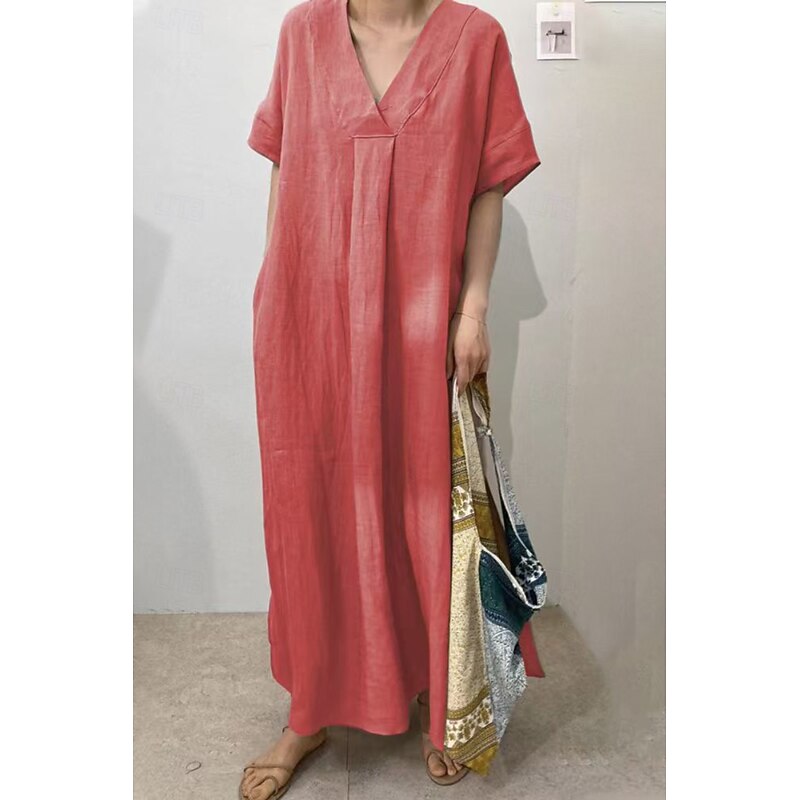 Women's Midi Dress Linen-Inspired Dresses Cotton Linen Dress Fashion Classic Modern Daily Holiday Weekend Regular Fit Plain Short Sleeve V Neck Red Camel Purple Green Summer4