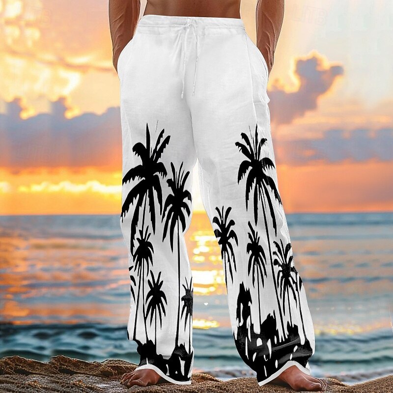 Men's Linen Pants Trousers Summer Pants Baggy Pants Beach Pants Drawstring Elastic Waist Straight Leg Coconut Tree Comfort Breathable Full Length Casual Daily Holiday Vacation Fashion Black White