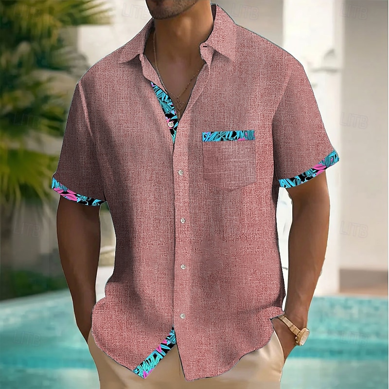 Men's Tropical Plants Linen Shirt Summer Hawaiian Shirt Button Up Shirt Short Sleeve Hawaiian Resort Vacation Holiday Beach Wear Summer Spring Turndown Collared Shirts Front One Pocket Pink Light
