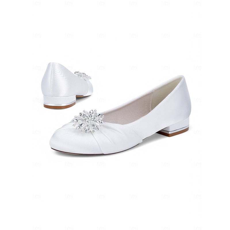 Women's Elegant White Satin Wedding Flats – Crystal Embellished Bridal Shoes with Silver Insole3