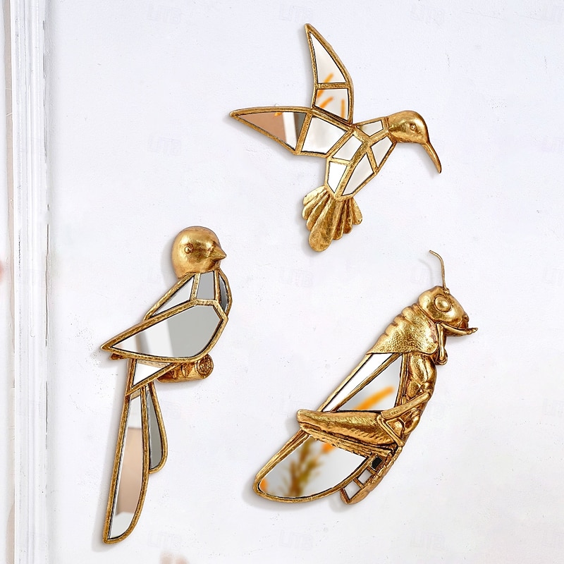 Gold Resin Sparrow and Grasshopper Wall Decor, Mirrored Inlay Design, Unique Hanging Ornament for Bird Lovers, Home, Party, and Zoo Decoration