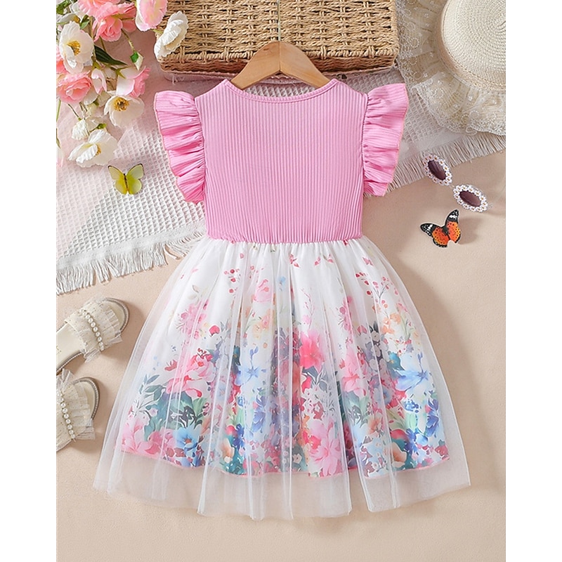 Kids Girls' Dress Floral Dress Flower Sleeveless Outdoor Casual Ruffle Fashion Daily Cotton Knee-length Casual Dress A Line Dress Summer 4 years+ Pink2