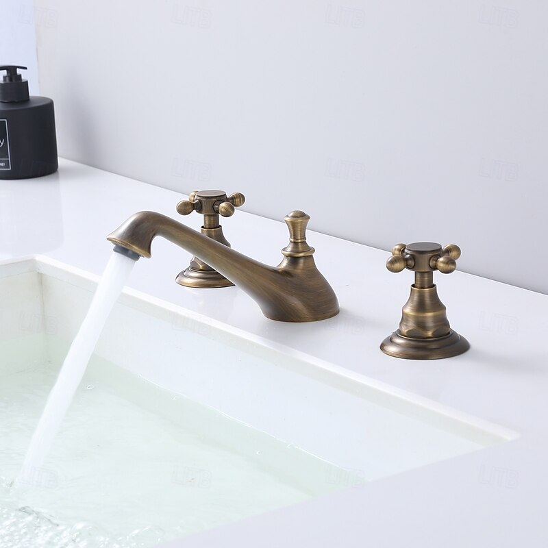 Bathroom Sink Faucet - Widespread Antique Brass Widespread Two Handles Three HolesBath Taps4