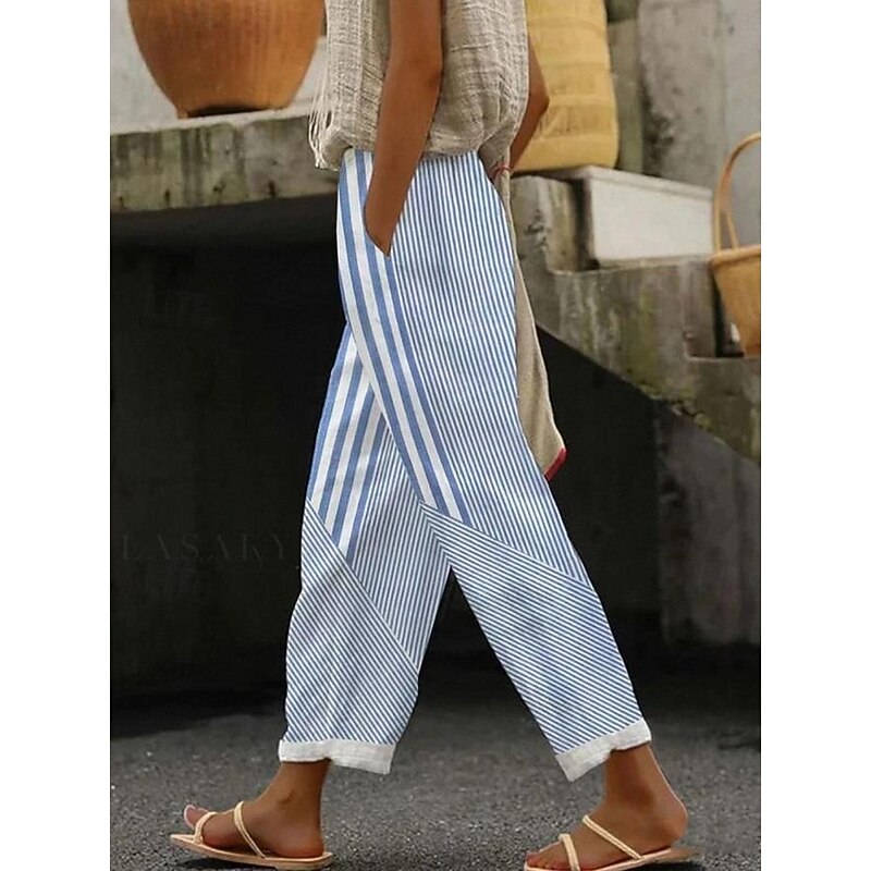 Women's Cotton Linen Pants Baggy Pants Linen Like Vacation Hawaiian coastal grandma style Full Length High Waist Graphic Stripe Striped Printing Thermal Warm Breathable Soft Micro-elastic Causal