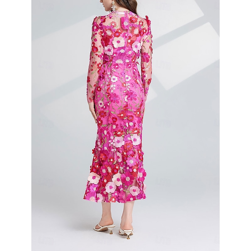 Mermaid / Trumpet Party Dresses Elegant Dress Wedding Wedding Guest Tea Length Long Sleeve Crew Neck Tulle with Floral Embroidered Lace3