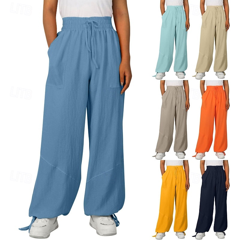 Women's Cotton Linen Shorts Linen-Inspired Pants Cotton Linen Pants Fashion Streetwear Full Length Natural Plain Pocket Elastic Drawstring Design Outdoor Comfortable Street Casual Peacock Blue Light