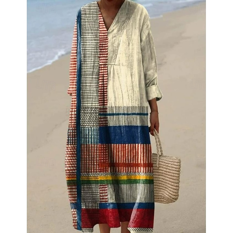 Women's Midi Dress V Neck Long Sleeve Kaftan Lightweight Loose Fit A Line Dress Casual Boho Going out Graphic Long Sleeve V Neck Yellow Red off-white Khaki