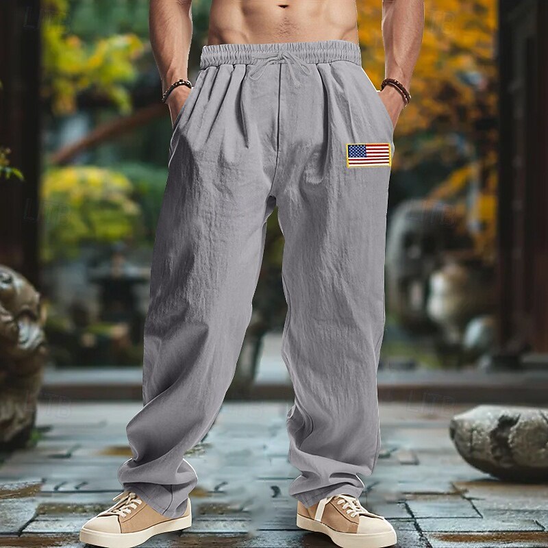 Men's Linen Pants Trousers Summer Pants Baggy Pants Beach Pants Drawstring Elastic Waist Straight Leg Plain Comfort Breathable Full Length Outdoor Casual Daily Fashion Retro Vintage Black Navy Blue4