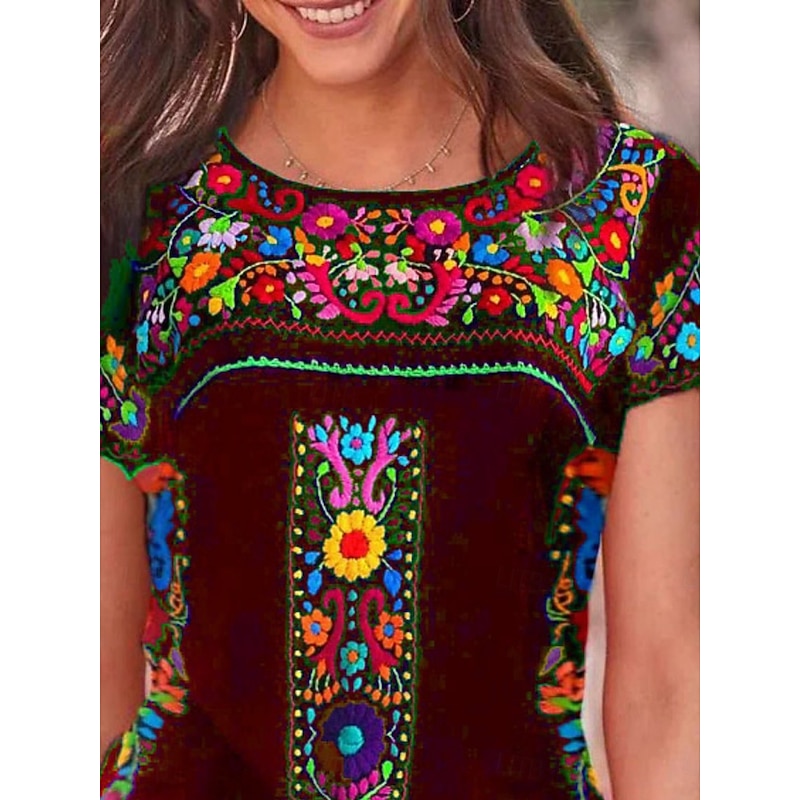 Women's T Shirt Peasant Blouse Floral Bohemia Active Western Short Sleeve Crew Neck Regular Tops Daily Print Black Wine Blue Gray Summer3