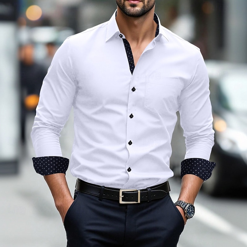 Men's Dress Shirt Non Iron Shirt Wedding Outdoor Light Blue White Dark Navy Long Sleeve Summer Spring Clothing Apparel Pocket