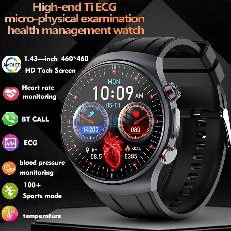 iMosi ET488 Smart Watch 1.43 inch Smartwatch Fitness Running Watch Bluetooth ECG+PPG Temperature Monitoring Pedometer Compatible with Android iOS Women Men Hands-Free Calls Waterproof Media Control