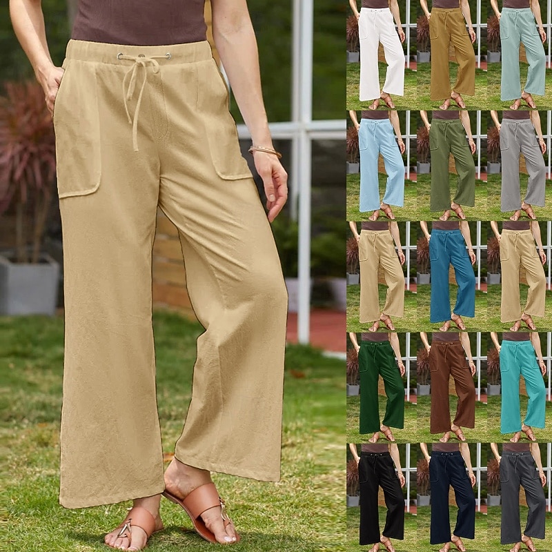Women's Cotton Linen Pants Slacks Simple Casual Full Length Natural Plain Pocket Elastic Drawstring Design Comfy Outdoor Street Daily Wear Dark Brown Depression Green Light Sky Blue Black Summer