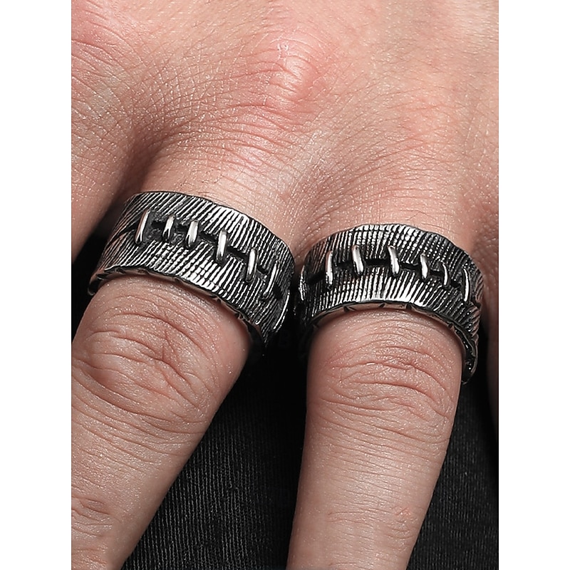 Mens Goth Punk Sewn Ring - Vintage Silver Ring for Biker, Rock and Halloween Fashion
