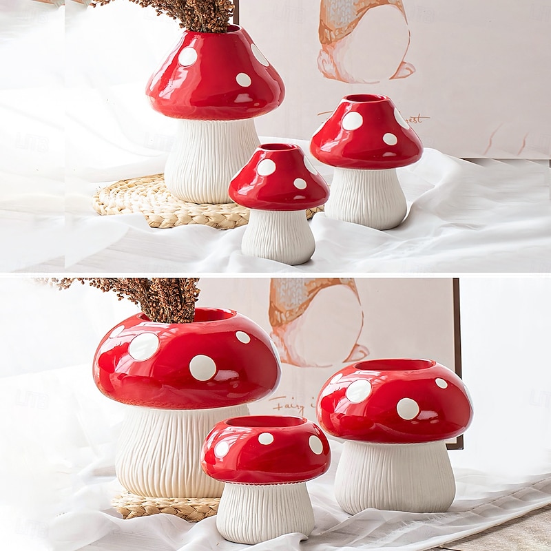 Red Mushroom Shaped Flower Vase with White Dots, Colorful Resin Tabletop Planter, Decorative Hydroponic Vase for Home, Hotel, and Restaurant Decor 202