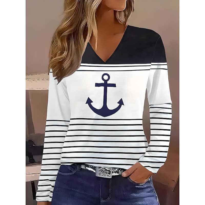Women's T Shirt V Neck Long Sleeve Tunic Geometric Ocean Elegant Vintage Regular Tops Daily Going out Weekend Print Blue Summer Spring